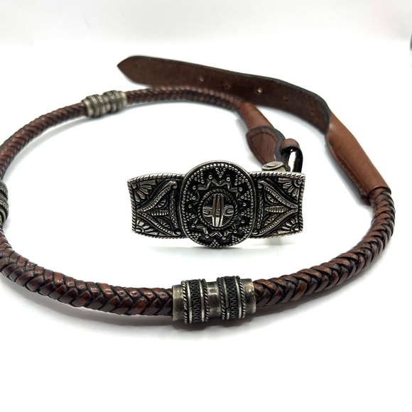 Vintage Chicos Belt Brown Genuine Leather Buckle Unique Southwest Braided Belt - Picture 9 of 14